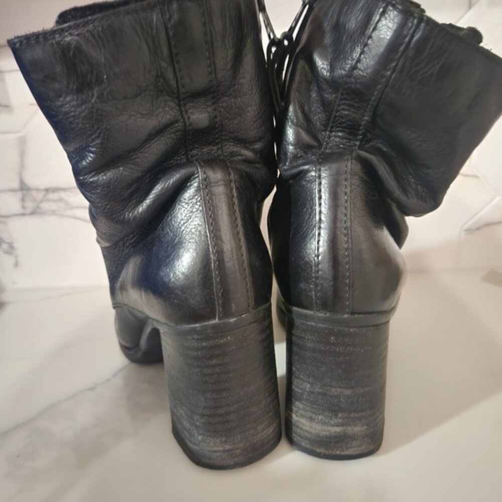 Black Leather Lace Up Zipper Block Heel Ankle Boots Women's Size 39 - Picture 3 of 8
